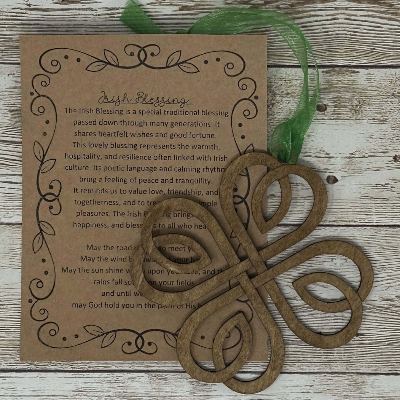Irish Blessing Four Leaf Clover Lucky Wood Story Ornament Friendship Gift