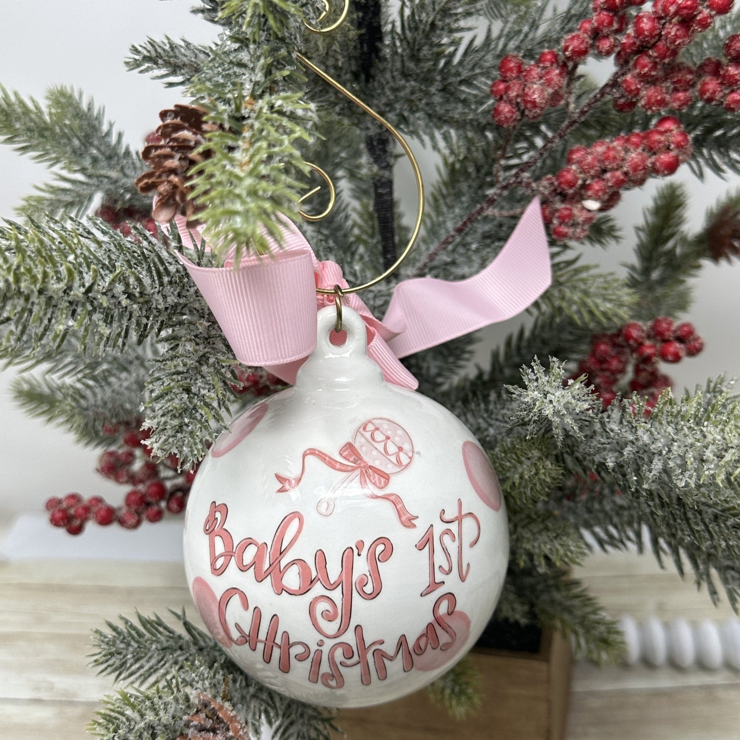 Baby's 1st Christmas Ceramic Ornament, 4 x 3.75 inches, White with Pink Polka