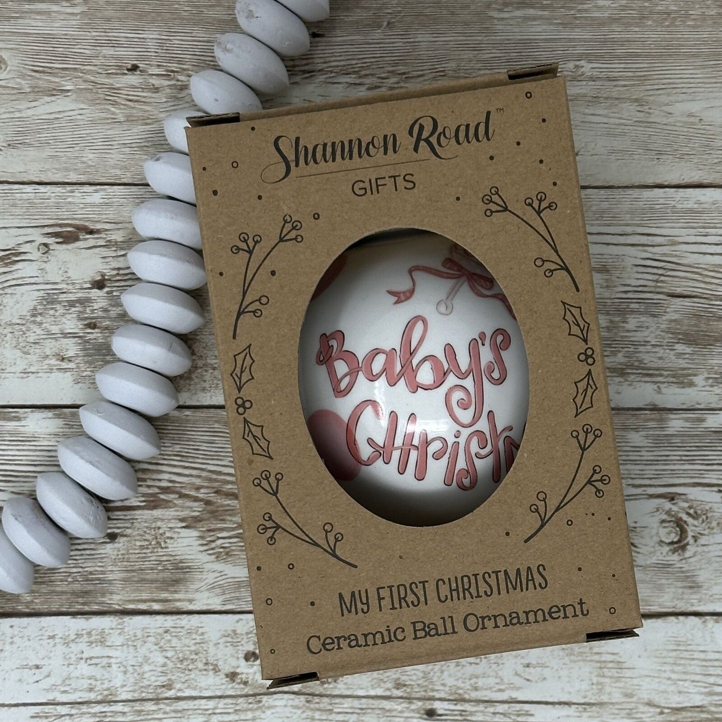 Baby's 1st Christmas Ceramic Ornament, 4 x 3.75 inches, White with Pink Polka