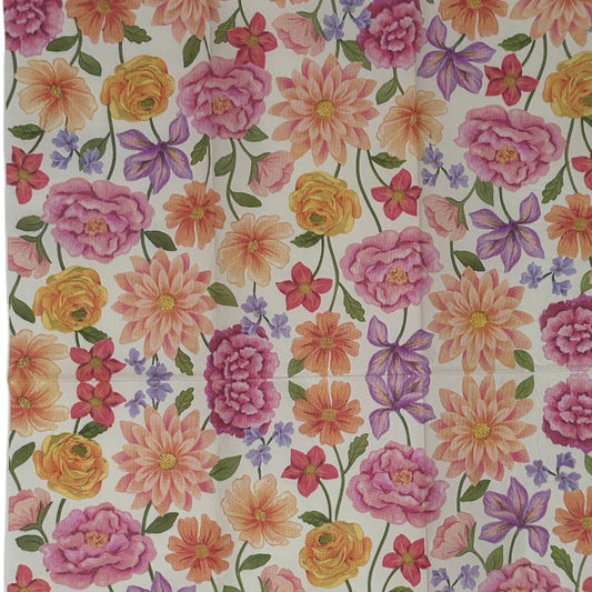 Two guest size decoupage napkins featuring a lush watercolor garden bouquet of oversized peonies dahlias ranunculus and periwinkle iris in magenta coral gold and blush on a cream background set of 2