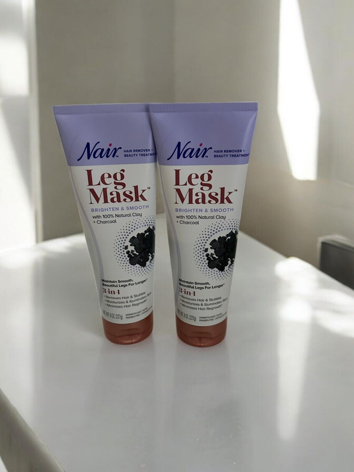 2-Nair 3-in-1 Leg Mask Natural Clay & Charcoal Hair Removal Exfoliating Moisture