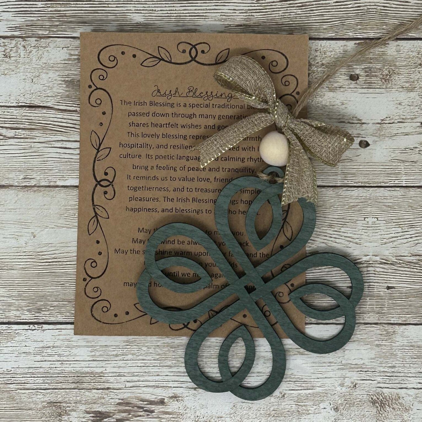 Irish Blessing Four Leaf Clover Lucky Wood Story Ornament Friendship Gift