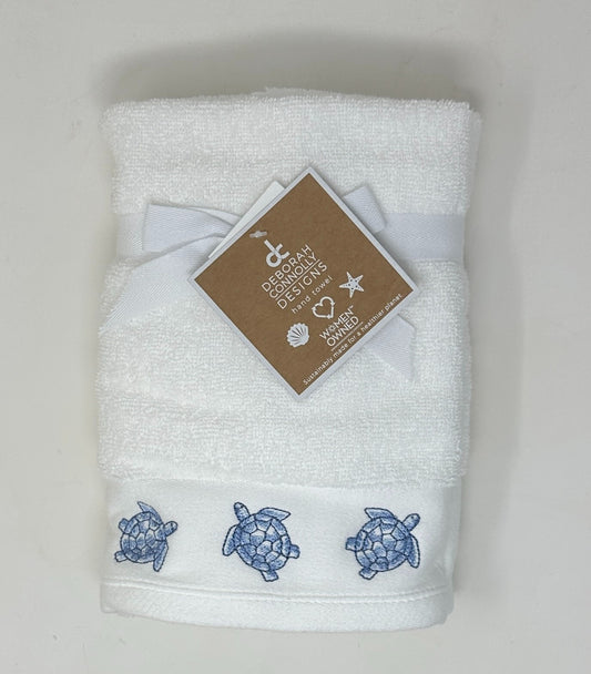Deborah Conolly Embroidered Blue and White Sea Turtle Hand Towels Set of 2