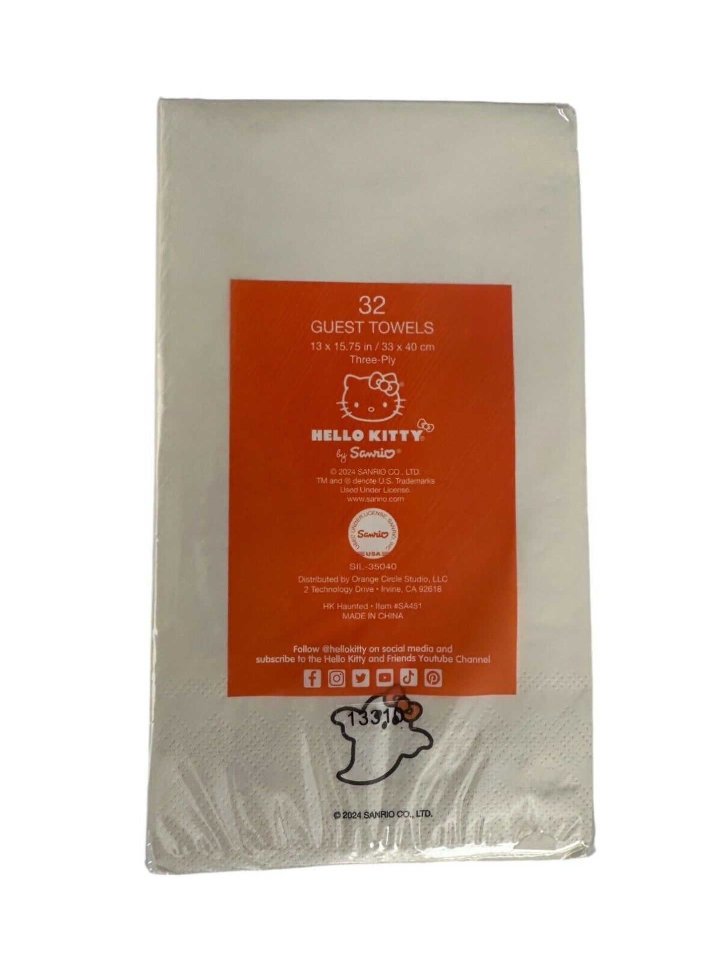 Pack of Hello Kitty themed paper towels with a Halloween haunted house design, featuring a black and orange color scheme and decorative elements such as a ghost, pumpkin, and bat.
