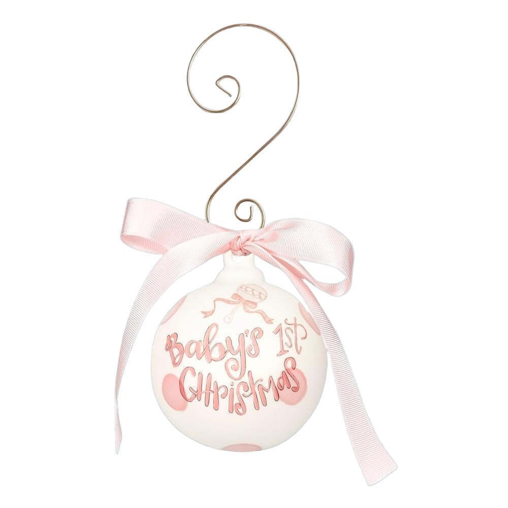 Baby's 1st Christmas Ceramic Ornament, 4 x 3.75 inches, White with Pink Polka
