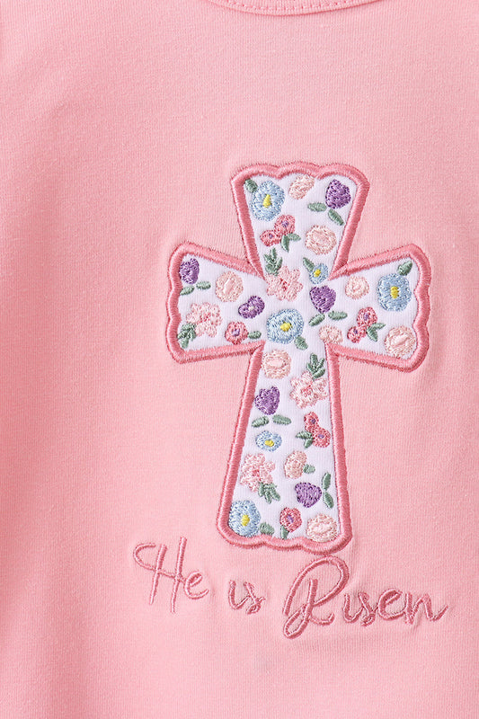 Pink floral cross embroidery ruffle bloomer set