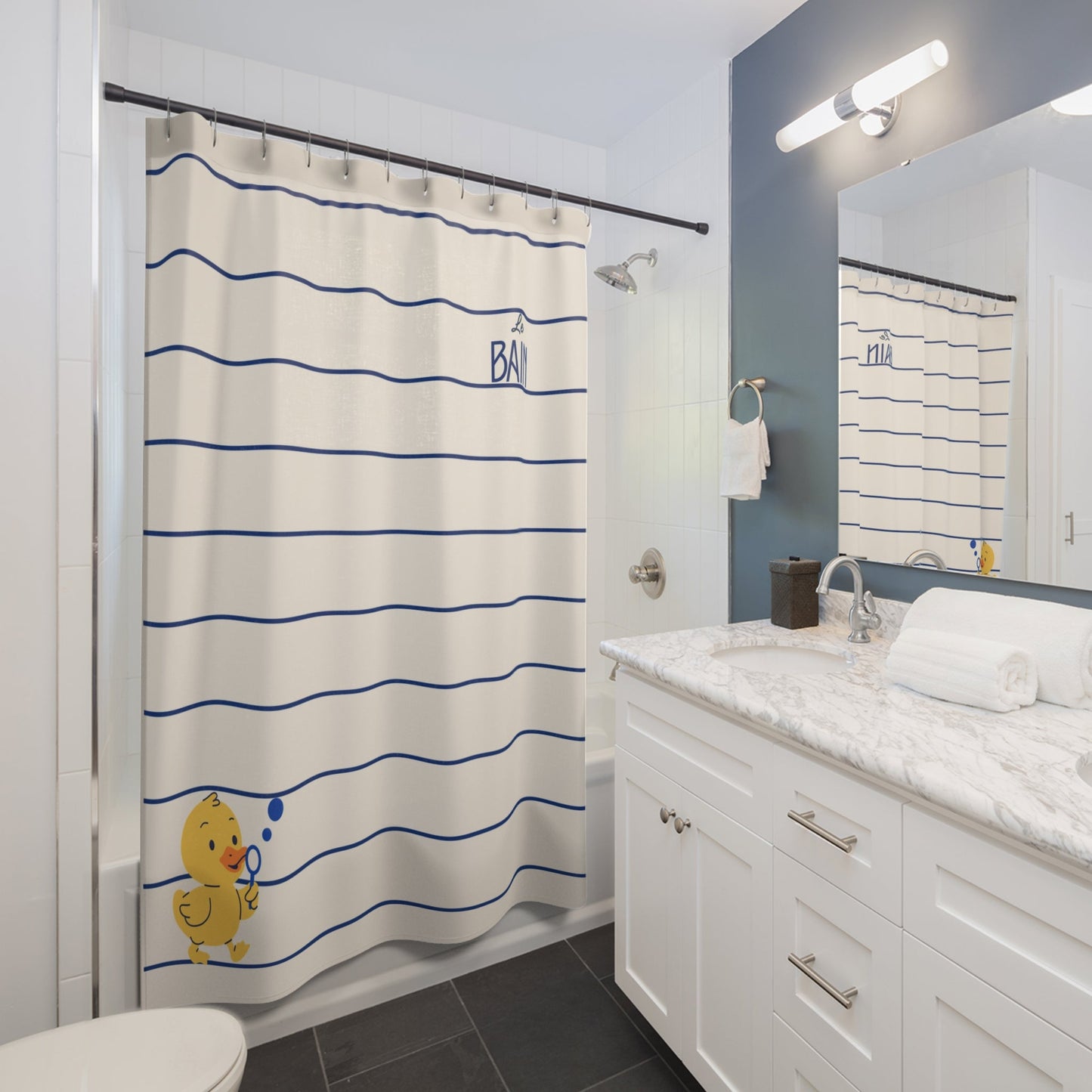 Rubber Duck Striped Shower Curtain — 'Le Bain' Kid's Bathroom Decor