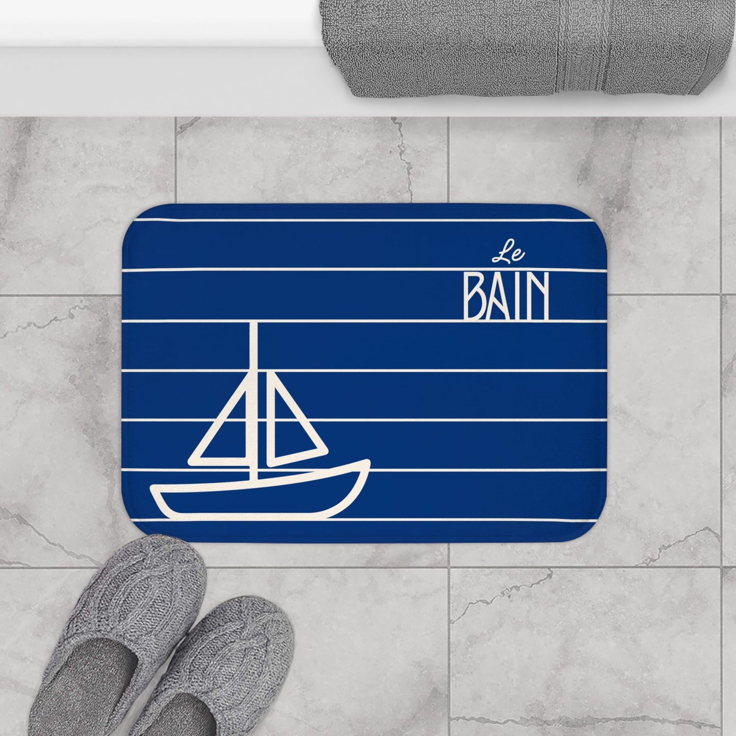 Nautical Blue “Le Bain” Bath Mat — Striped Kid's Sailboat Bathroom Rug