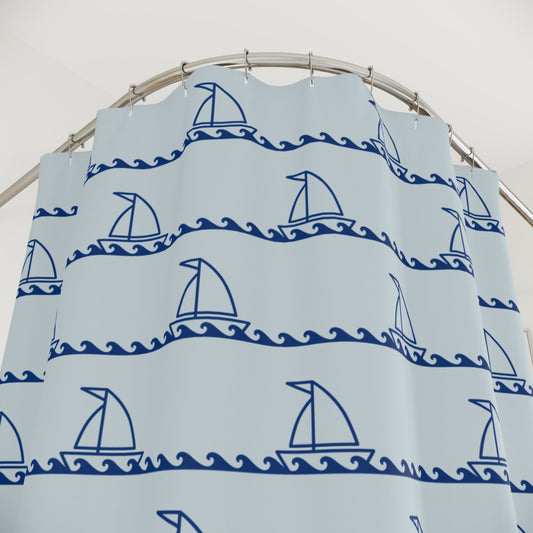 Nautical Sailboat Wave Shower Curtain — Blue Coastal Bathroom Decor