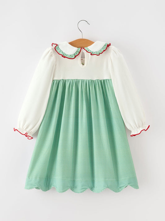 Girls Christmas Green Plaid Embroidered Long Sleeve Dress