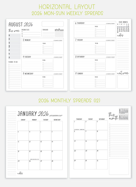 2026 Planner - Horizontal Layout, Spiral Bound - "Midnight garden" (#103)