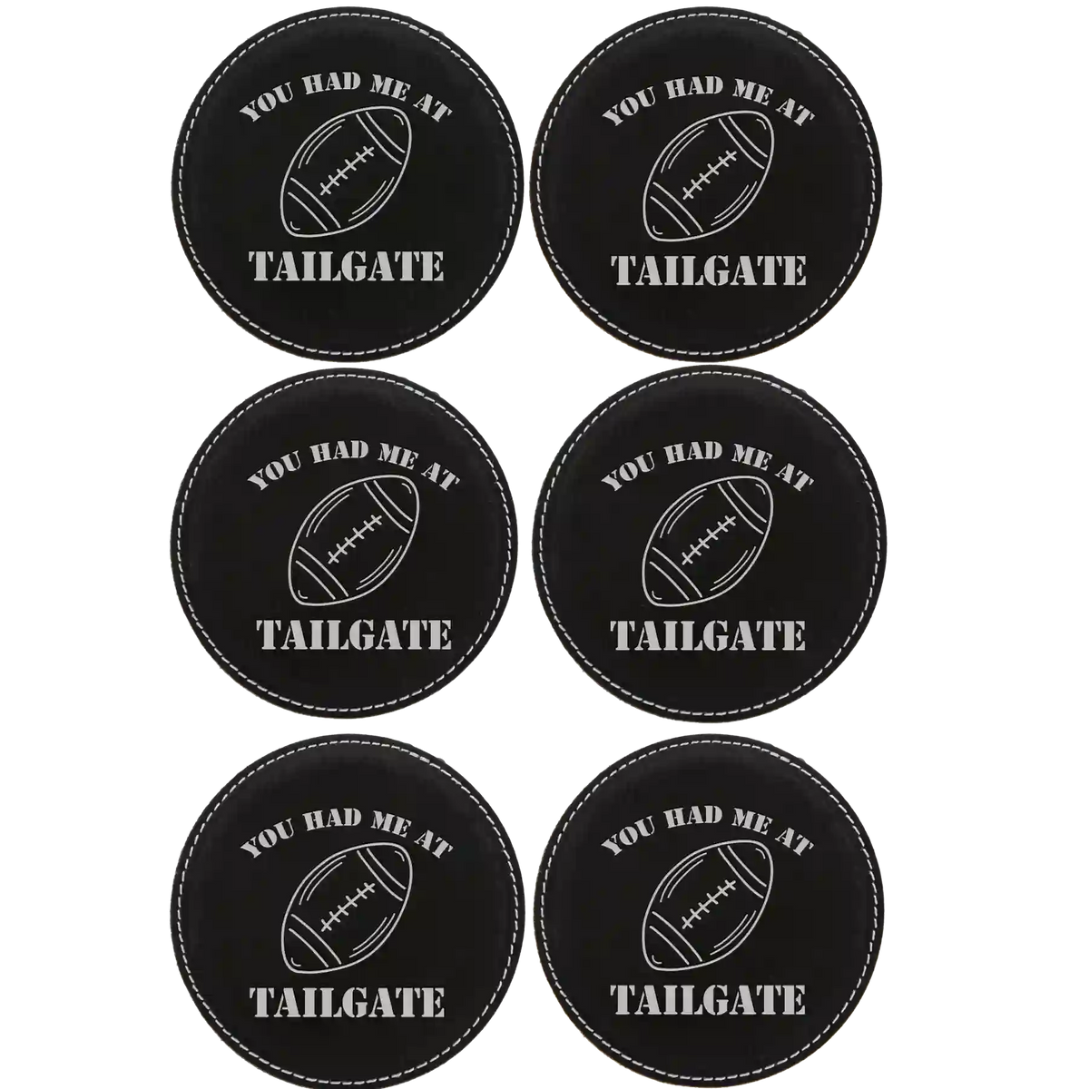 Tailgate Round Leatherette Coasters Set of 6 | Black/Silver