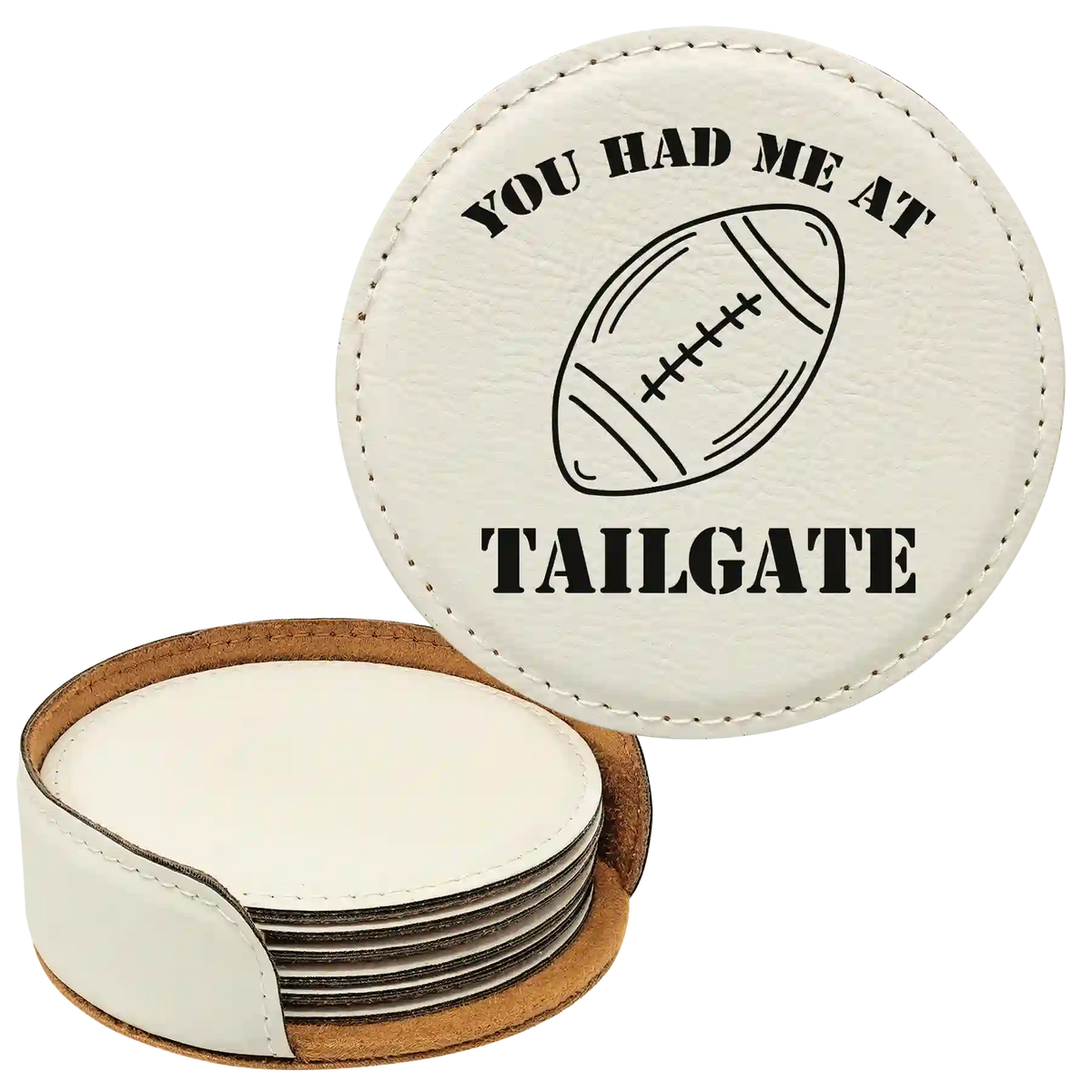 Tailgate Round Leatherette Coasters Set of 6 | White