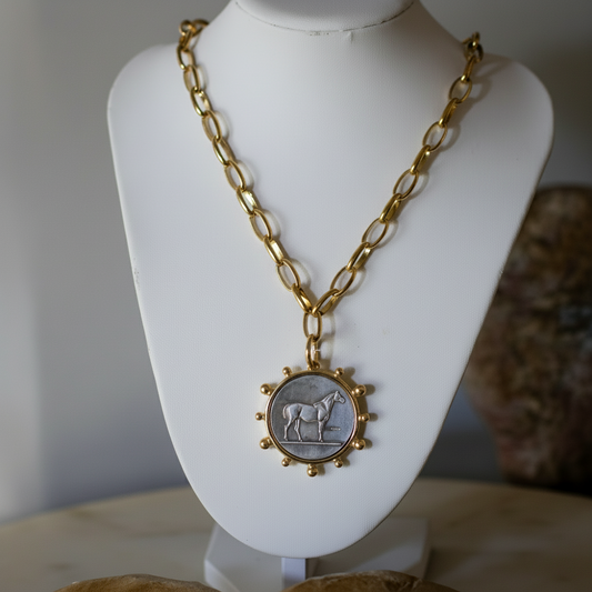Heritage Horse Coin Necklace 18k Gold Non Tarnish Equestrian Coin
