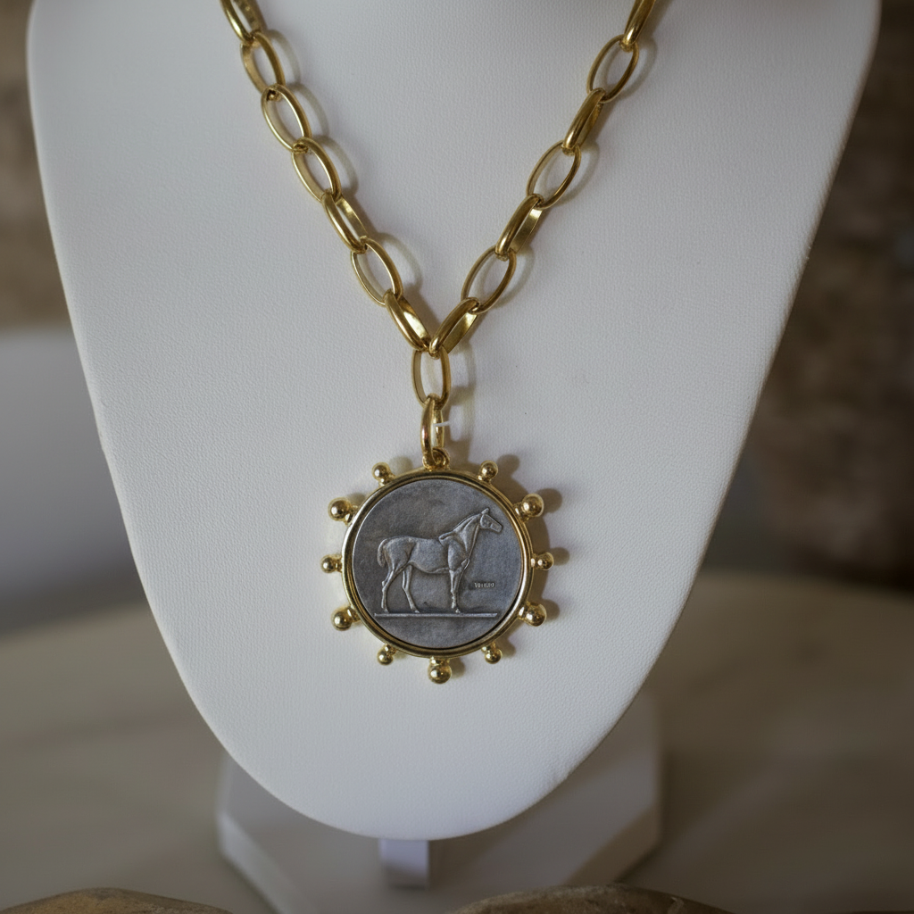 Heritage Horse Coin Necklace 18k Gold Non Tarnish Equestrian Coin