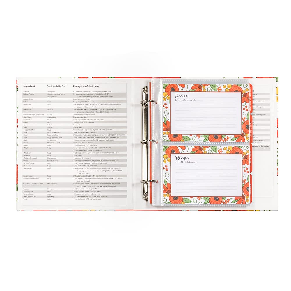Carpeta con diseño floral rojo y tarjetas con recetas