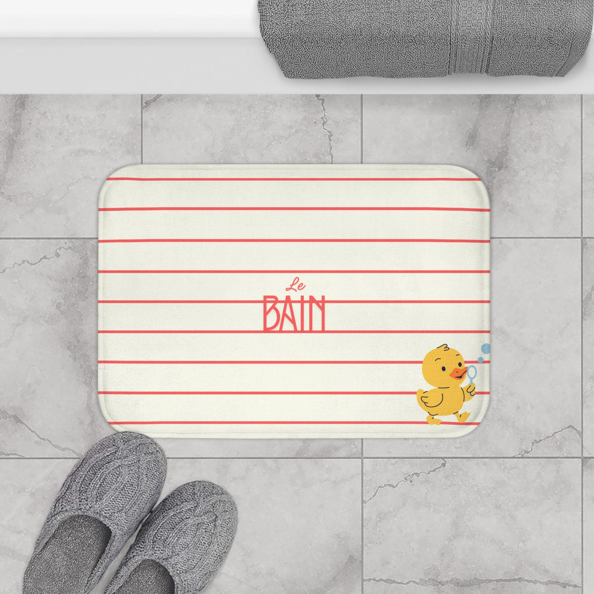 Rubber Duck Bath Mat – Cute 'Le Bain' Red Striped Bathroom Rug for Kids