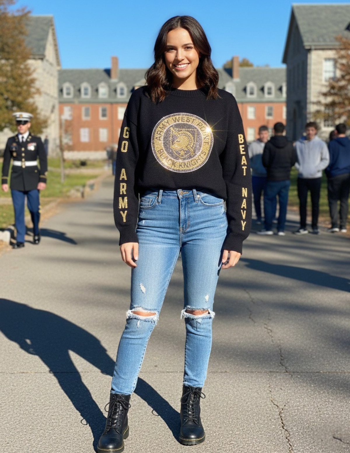 Army West Point Circle Athena Shield Go Army Beat Navy Black Crewneck Long Sleeve Sweater
