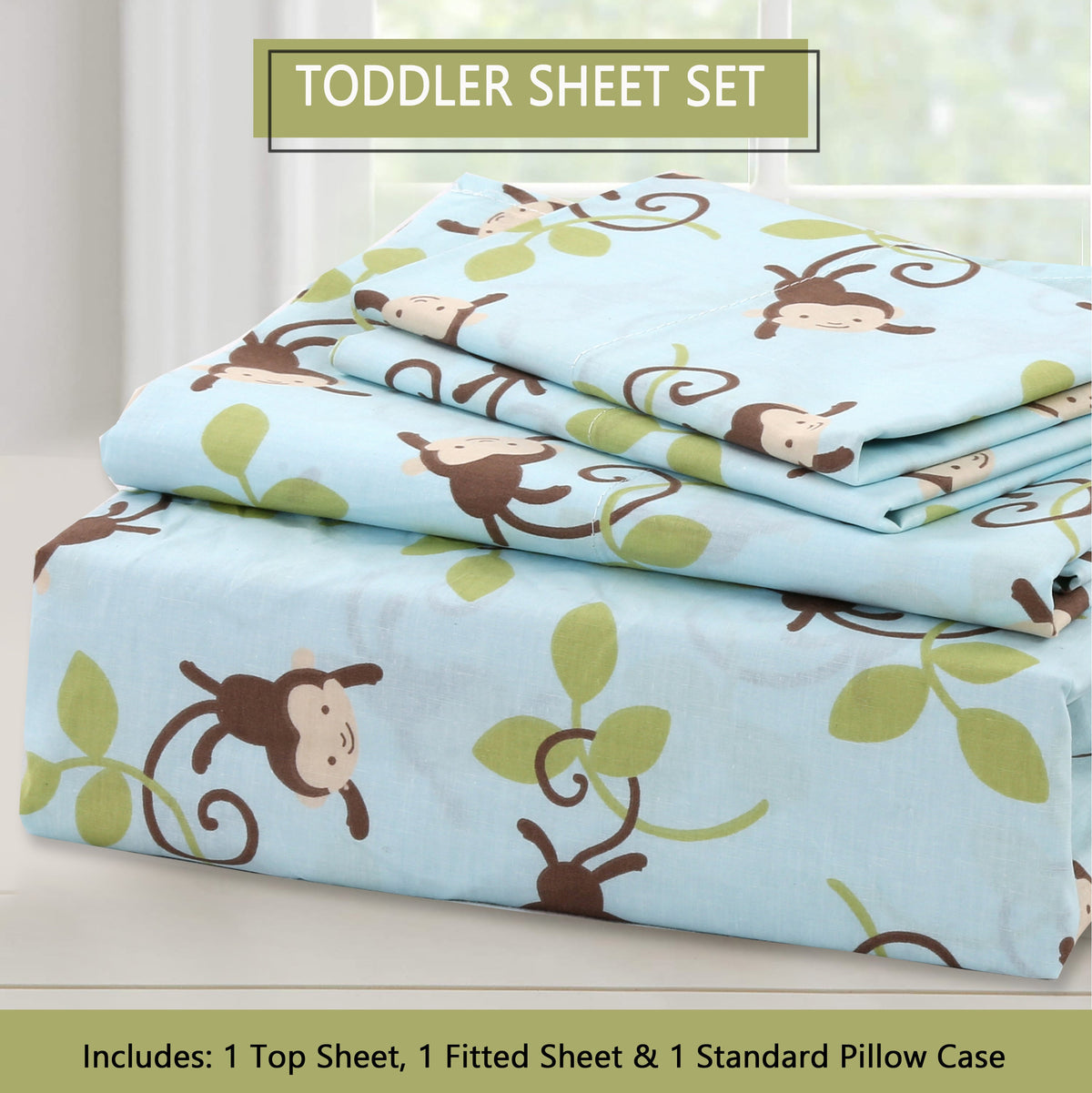 3-Piece Crib/Toddler Cotton Sheet Set Blue Jungle Monkey Tails Swing