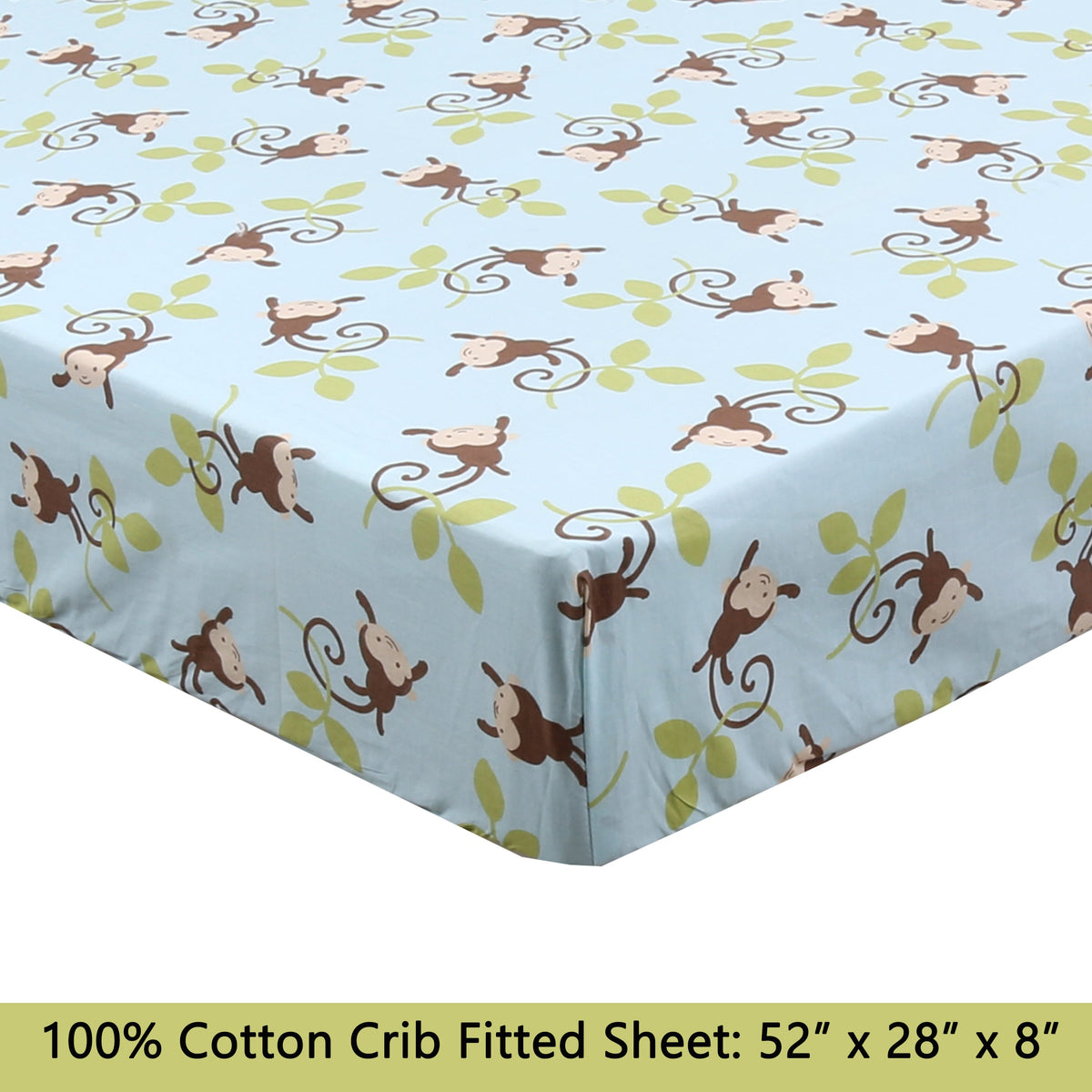 3-Piece Crib/Toddler Cotton Sheet Set Blue Jungle Monkey Tails Swing