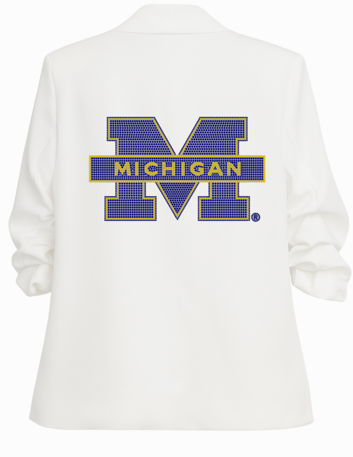University of Michigan Block M White Ruched Sleeve Blazer
