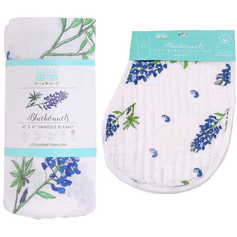 Bluebonnets Newborn Gift Set: Muslin Swaddle & Bib | Organic Cotton