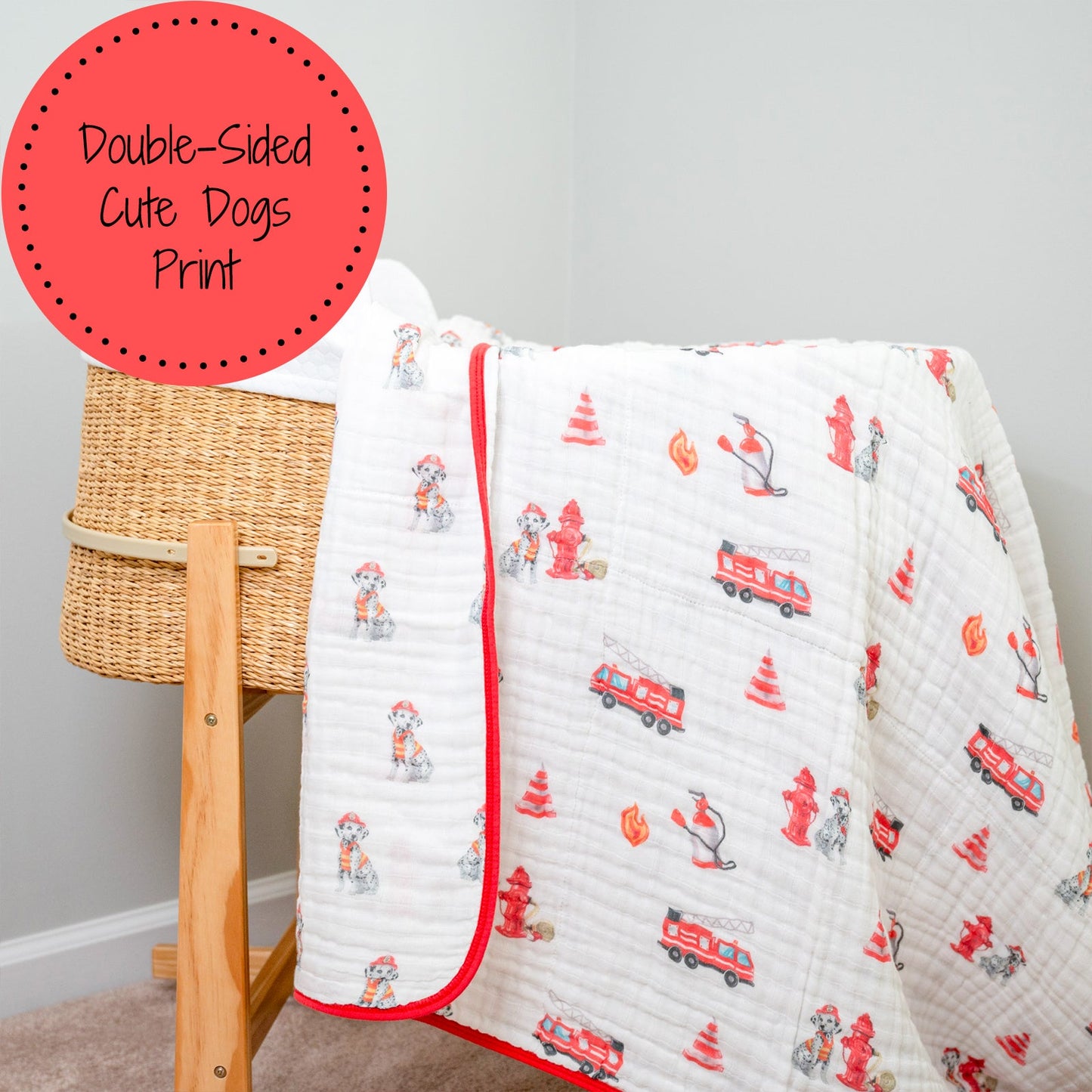 LollyBanks Muslin Baby Blanket, 100% Cotton Lightweight Baby Quilt, 47"x 47" and 6 Layers Newborn Blanket, (Firedog Print)