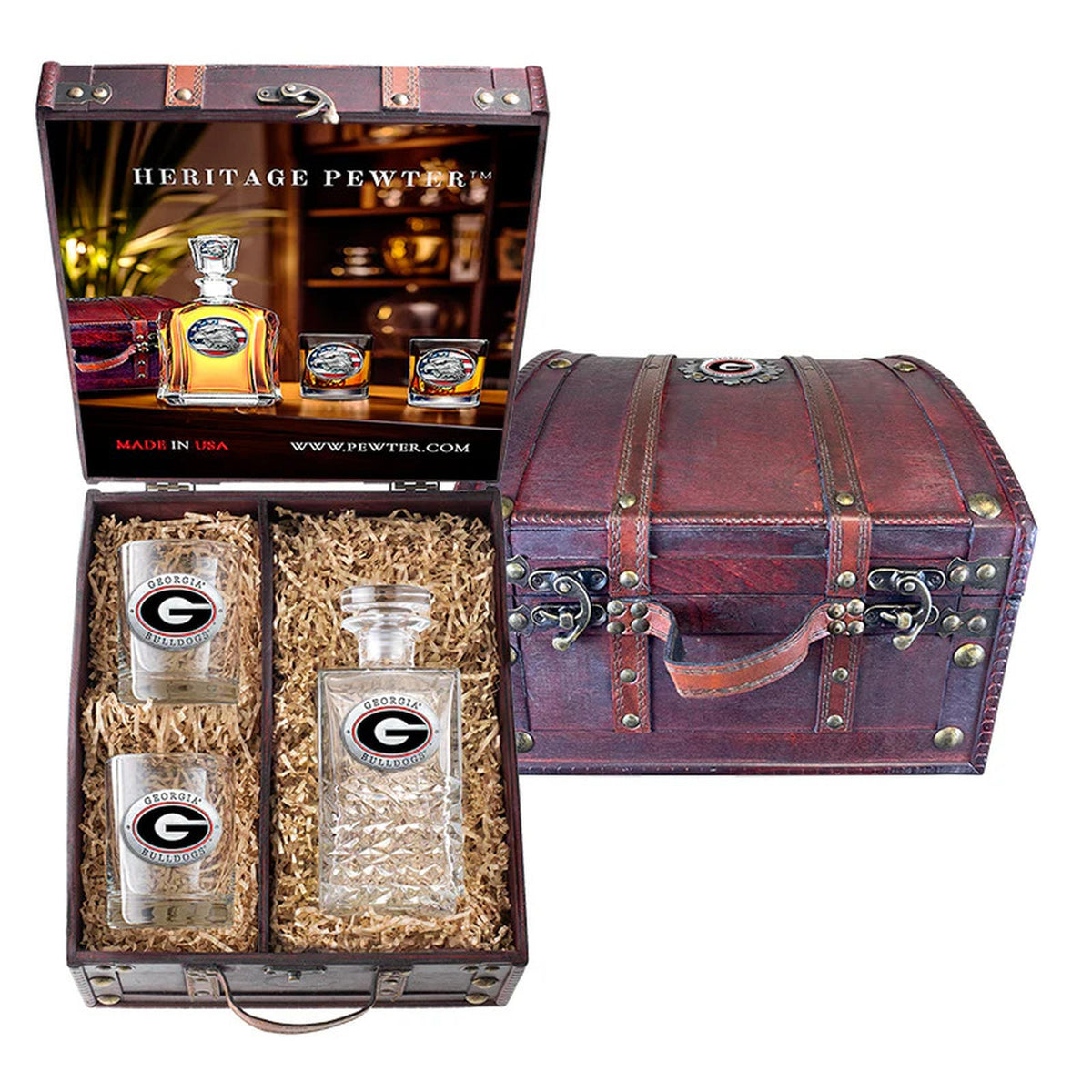 Georgia Bulldogs Heritage Decanter and 2 Glasses with Chest Box