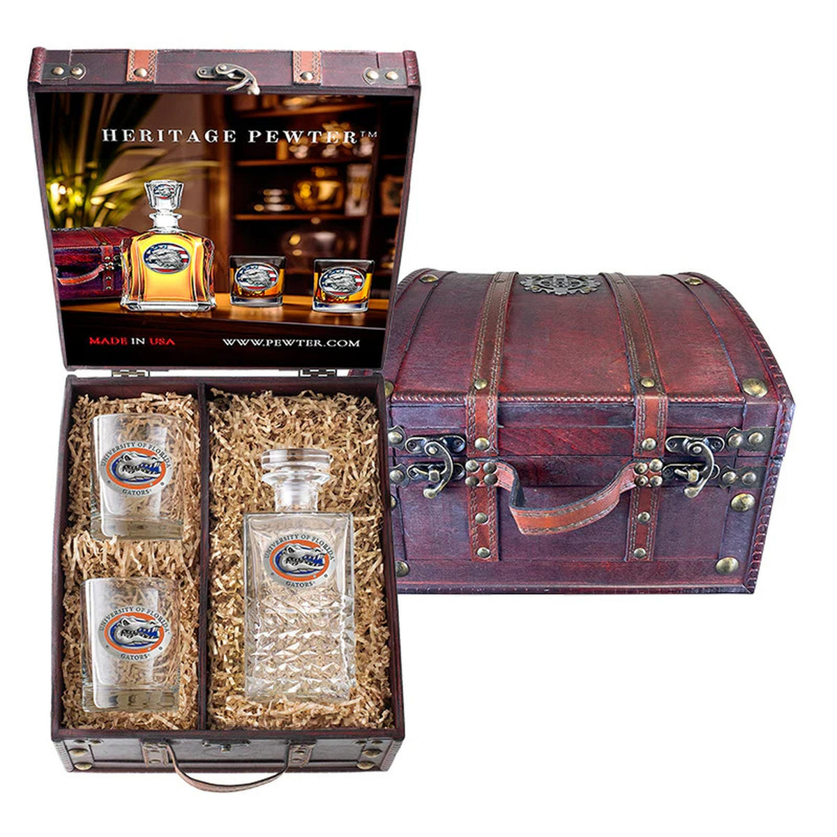Florida Gators Heritage Decanter and 2 Glasses with Chest Box