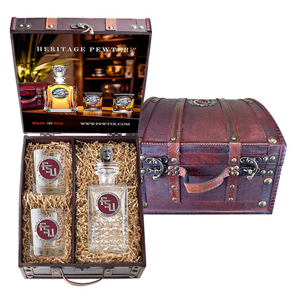 Florida State University FSU Logo Heritage Decanter with 3D Chief Osceola and 2 Glasses with Chest Box