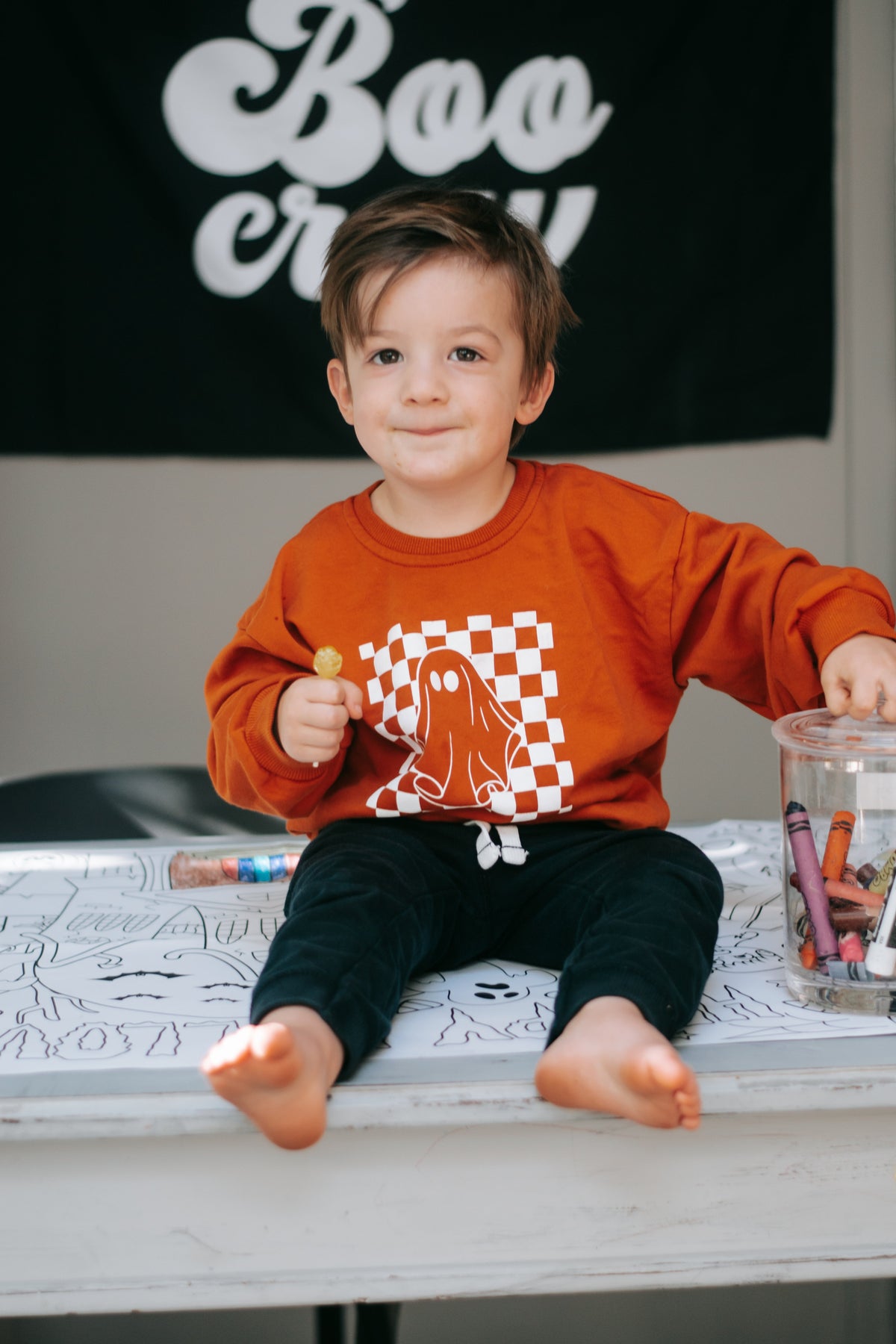 Checkered Ghost Crewneck Sweatshirt - Orange