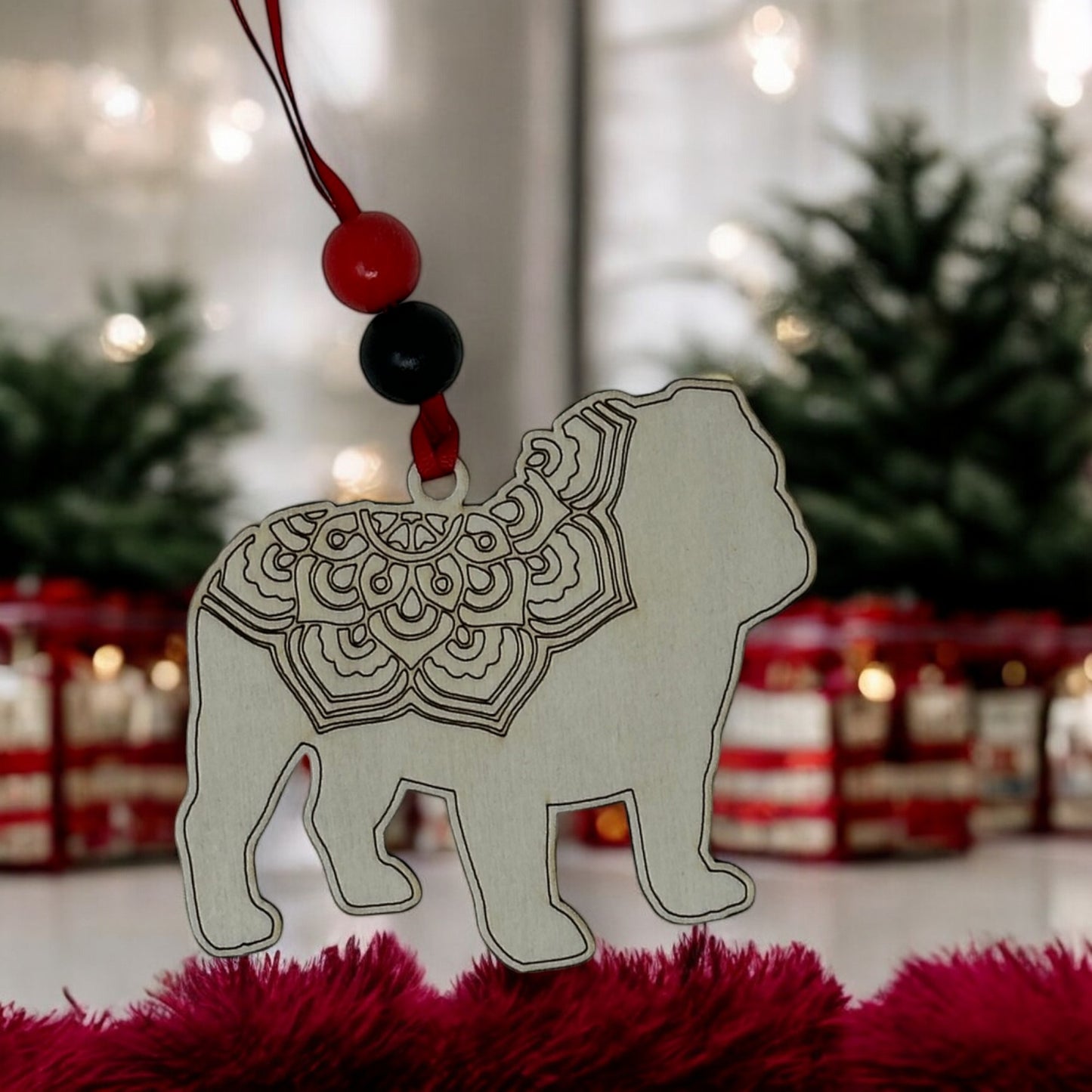 Wooden Bulldog Memorial Ornament Carved mandala design. Hangs on a red ribbon with 2 beads red and black.
