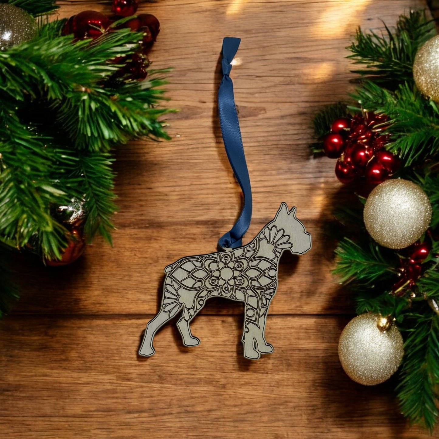 Boxer Dog Ornament – Handcrafted Wooden Mandala Keepsake & Memorial Gift