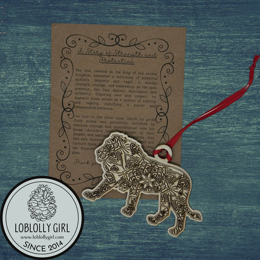 Father Figure: Strong Protective Mandala Wooden Lion Gift, Family Christmas Ornament & Car Charm for Dad