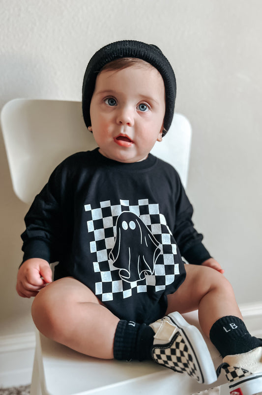 Checkered Ghost Bamboo Sweatshirt Romper