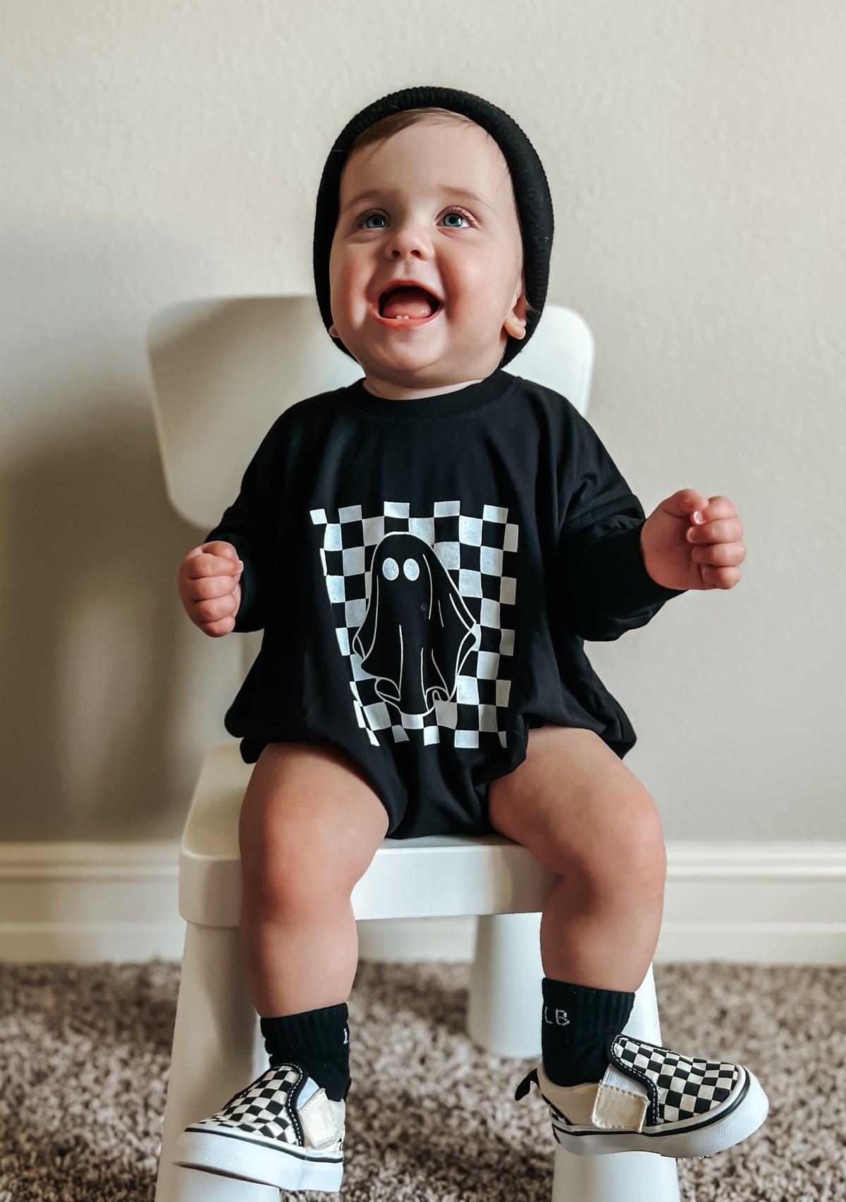 Checkered Ghost Bamboo Sweatshirt Romper