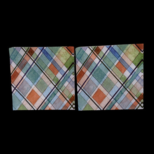 Cocktail size decoupage napkin featuring a watercolor madras plaid pattern in teal aqua coral sage green and navy on a white background set of 2