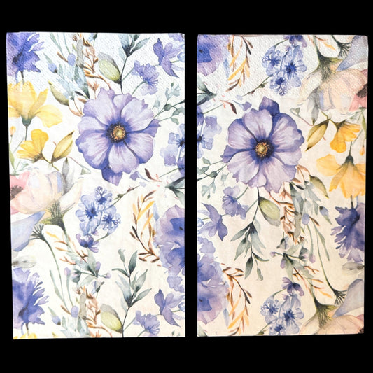 Loblolly Girl Purple Posy guest napkins feature a watercolor floral design with purple, lavender, yellow blooms and greenery on a white background.