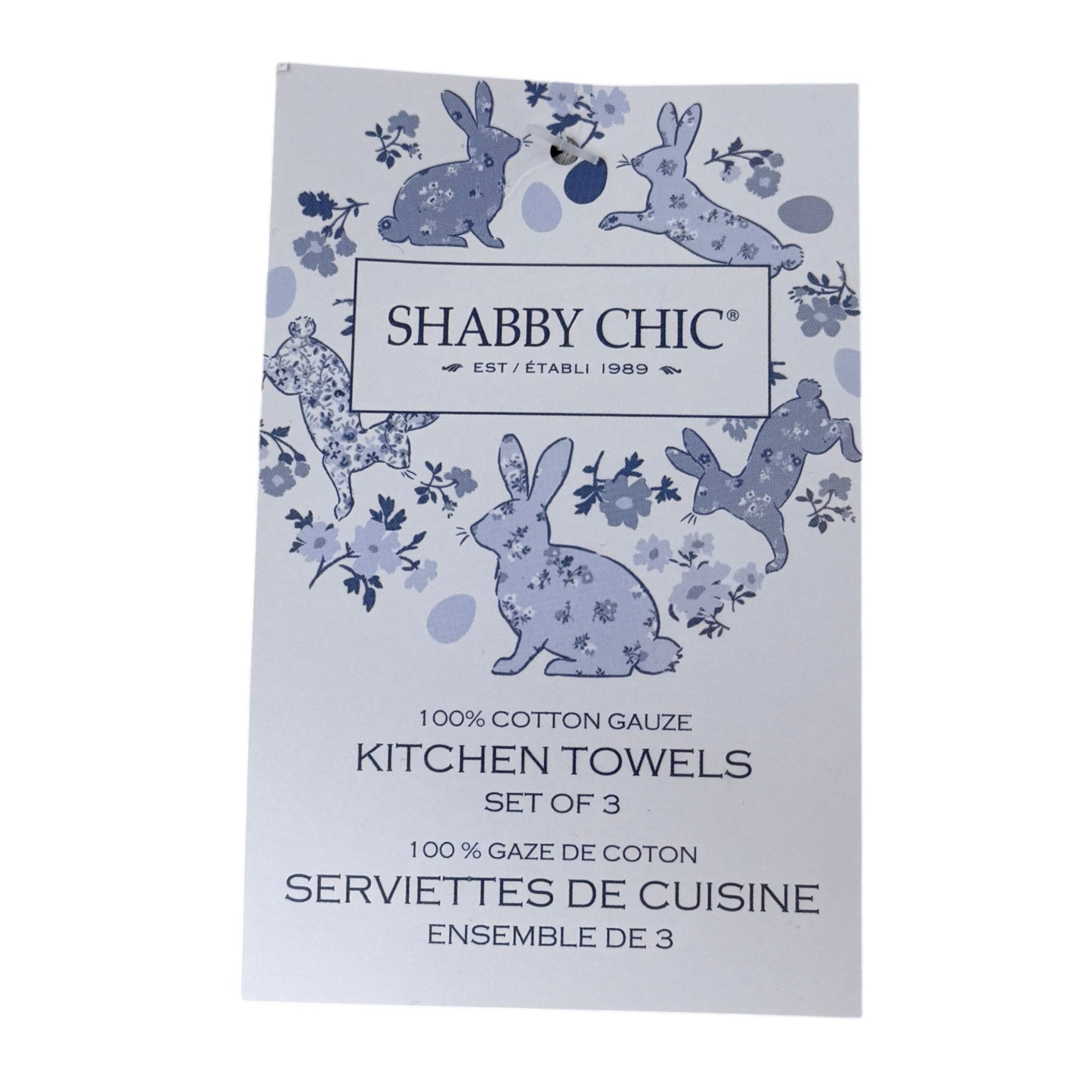 Shabby Chic kitchen towels packaging with rabbit design on a white background