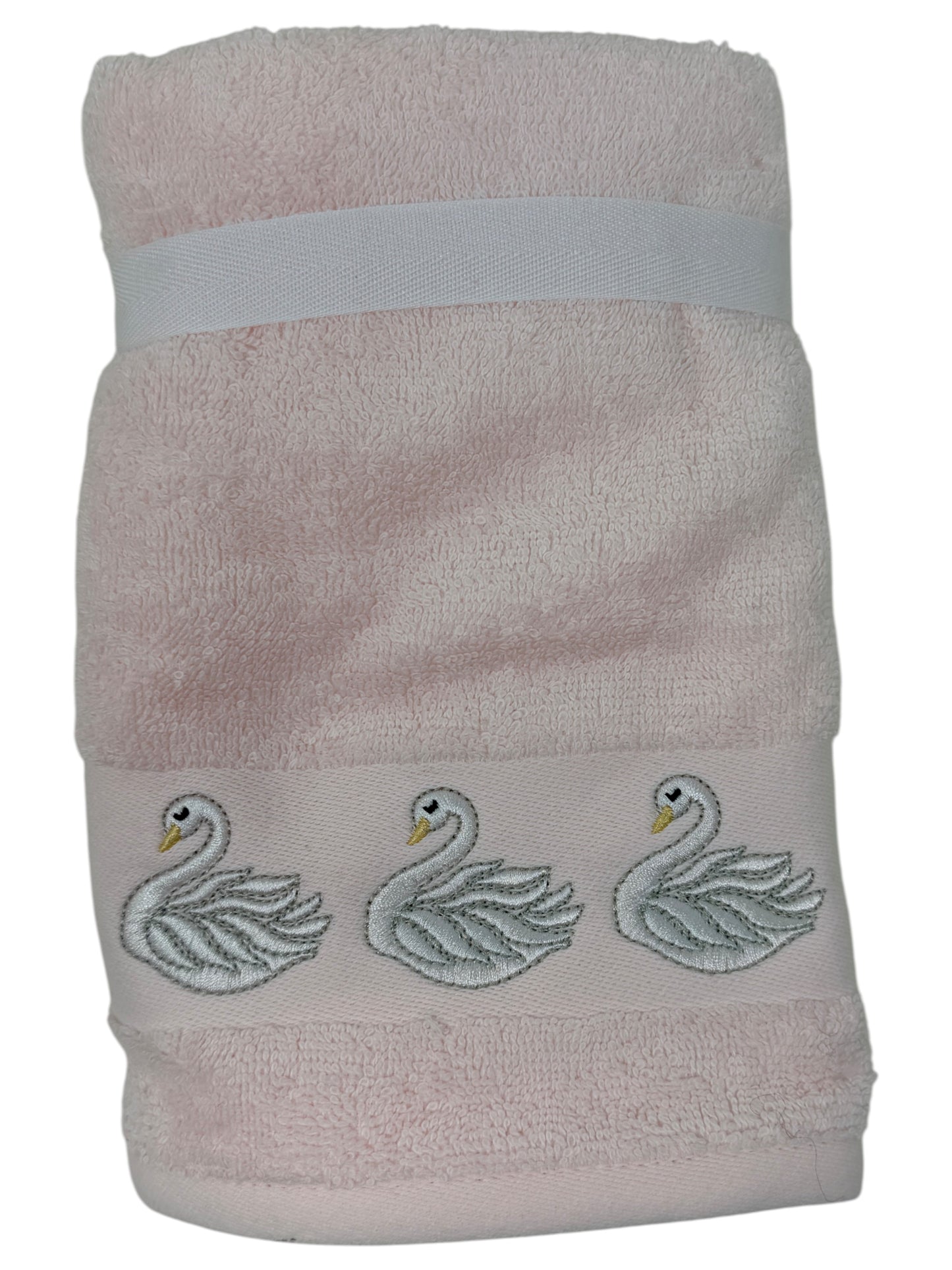 Set of two light‑pink hand towels with white embroidered swans by Deborah Connolly Designs, cotton‑lyocell blend