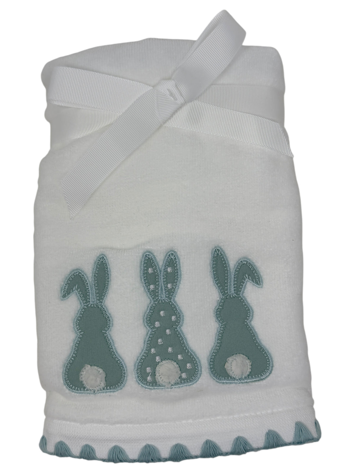 Set of two white hand towels featuring blue applique bunnies with white cotton tails and scalloped border by Caro Home
