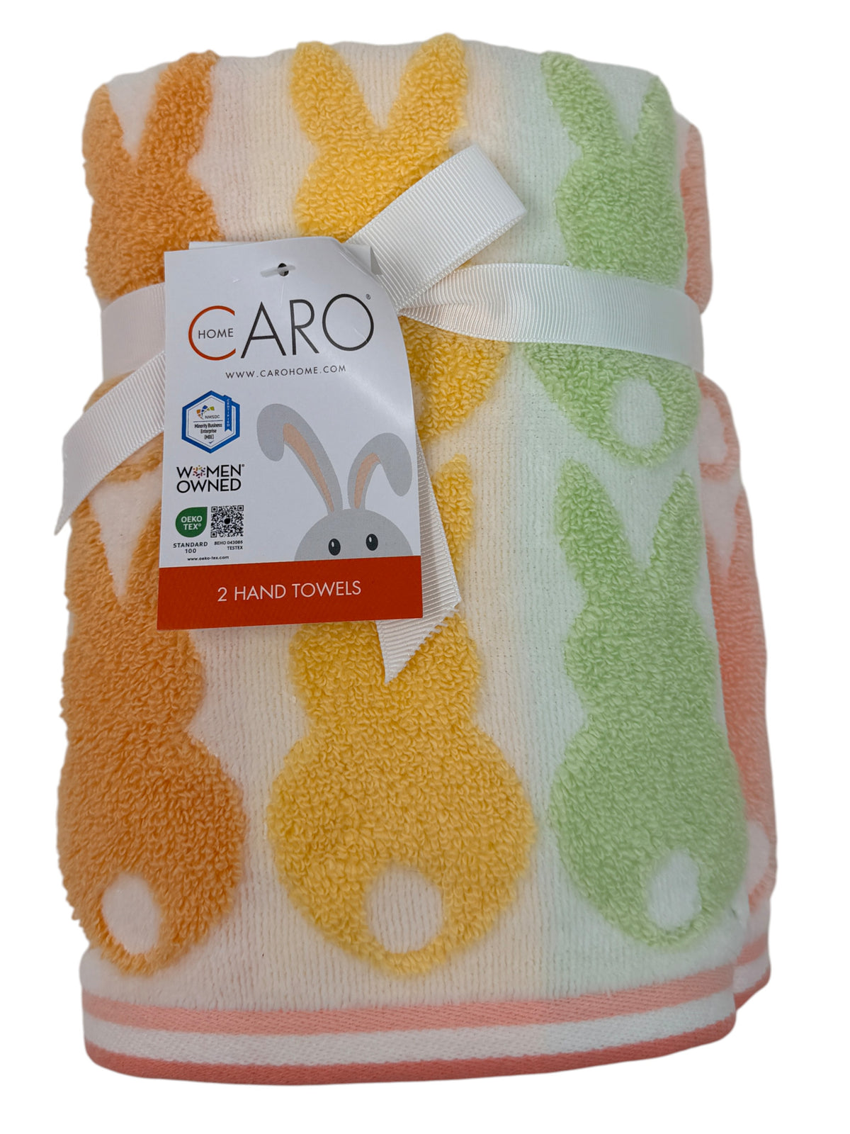 Set of two pastel plush bunny hand towels by Caro Home in peach, yellow, mint, and coral — 100% cotton