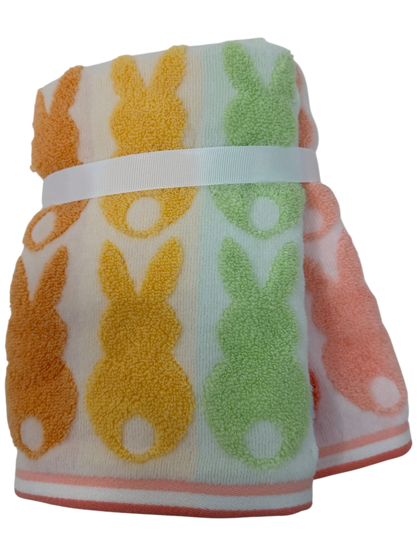 Set of two pastel plush bunny hand towels by Caro Home in peach, yellow, mint, and coral — 100% cotton