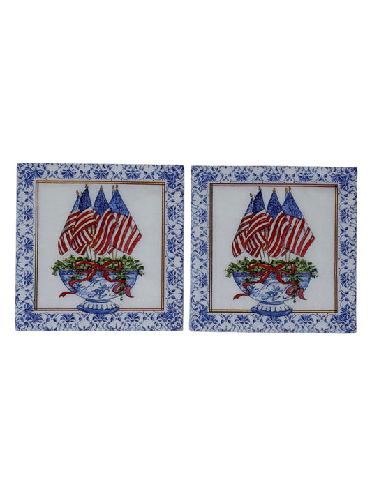 Patriotic Flag Chinoiserie Cocktail Decoupage Paper Napkins – Red White Blue Americana Elegant | Set of 2