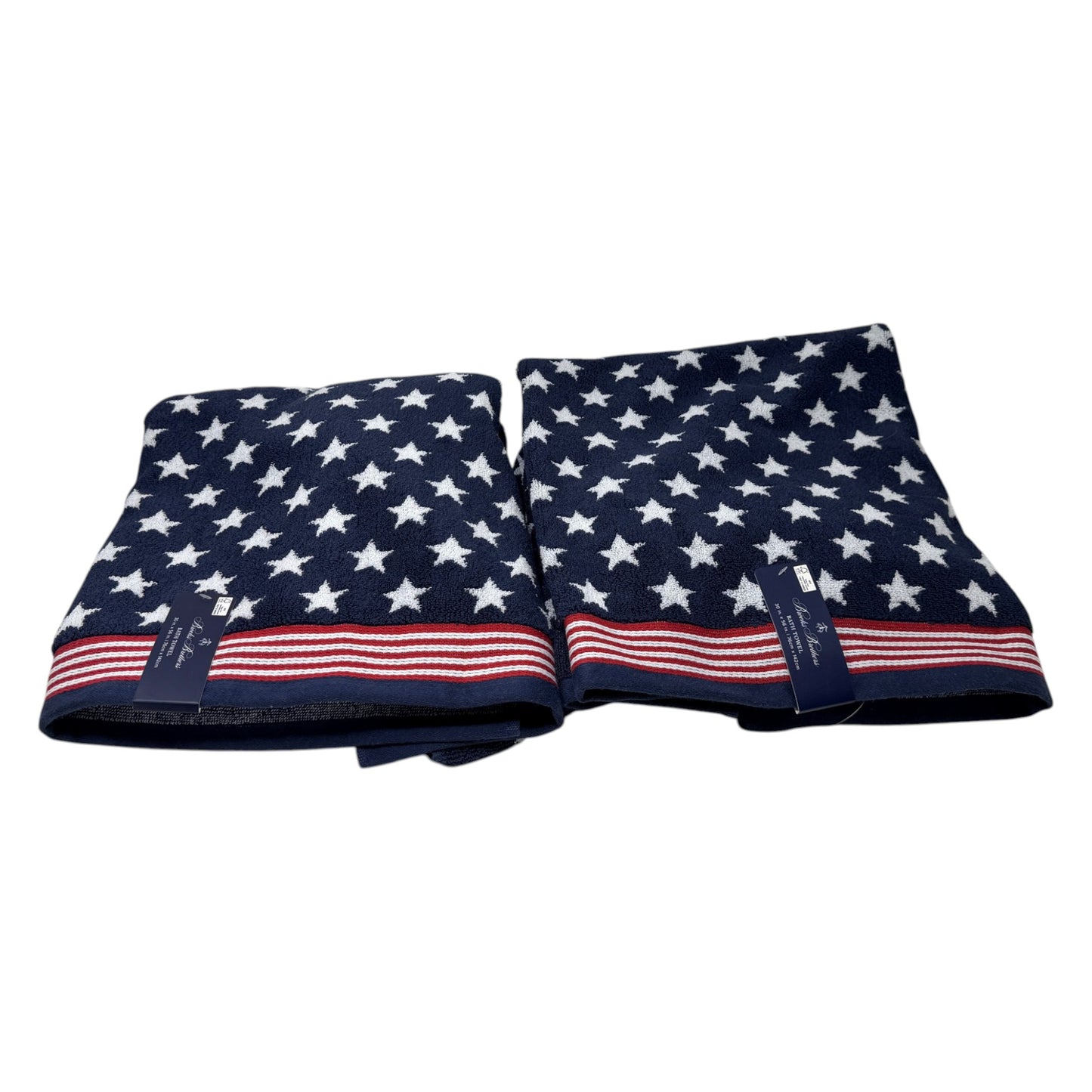 Complete Brooks Brothers Patriotic Stars and Stripes 8-piece bathroom bundle including two bath towels, two hand towels, and four washcloths in navy blue with red and white stripe border, all new with tags