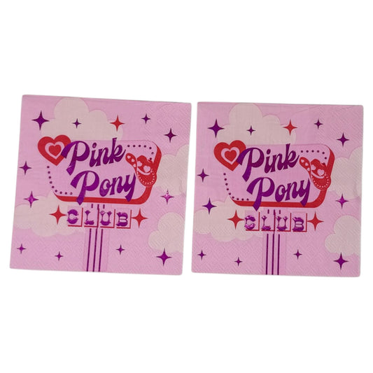 Cocktail-size decoupage paper napkin featuring a retro diner sign graphic with Pink Pony Club in shimmering foil purple lettering on a red marquee frame with a red heart, cowboy boot accent, sparkling four-point stars, and fluffy white clouds on a soft bubblegum pink background.