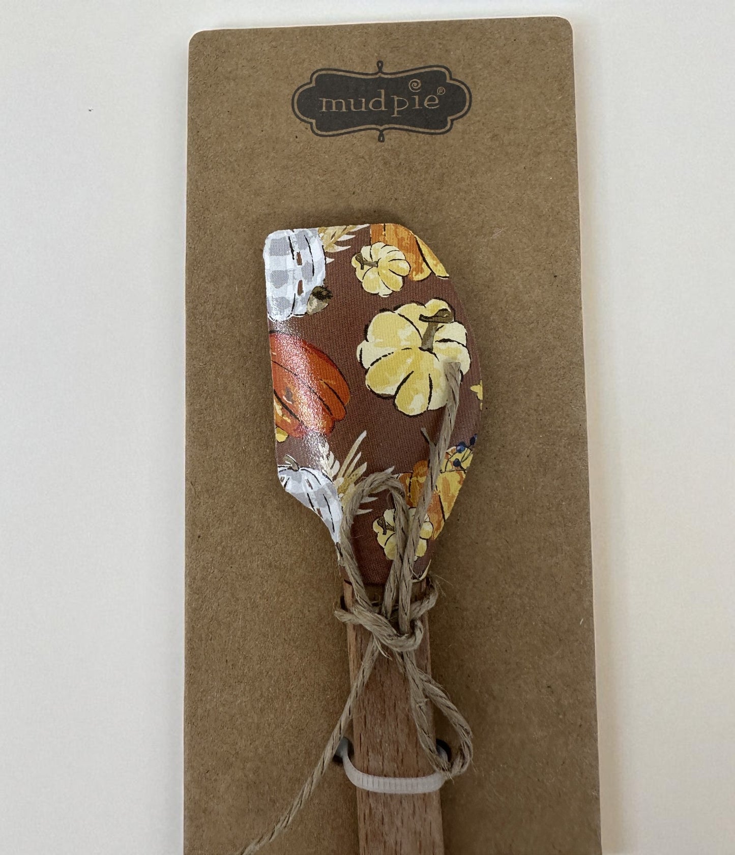 Mud Pie Mini Spatula – Fall Pumpkin Print – Brown Silicone & Wood 2.5" x 12.5"
