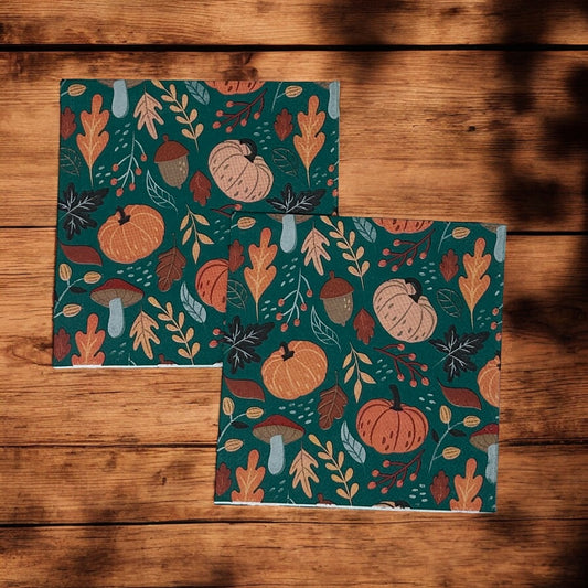 Fall Leaves and Pumpkin Green Decoupage Napkins – Cocktail Size Autumn – Set of 2 for Crafts and Journaling