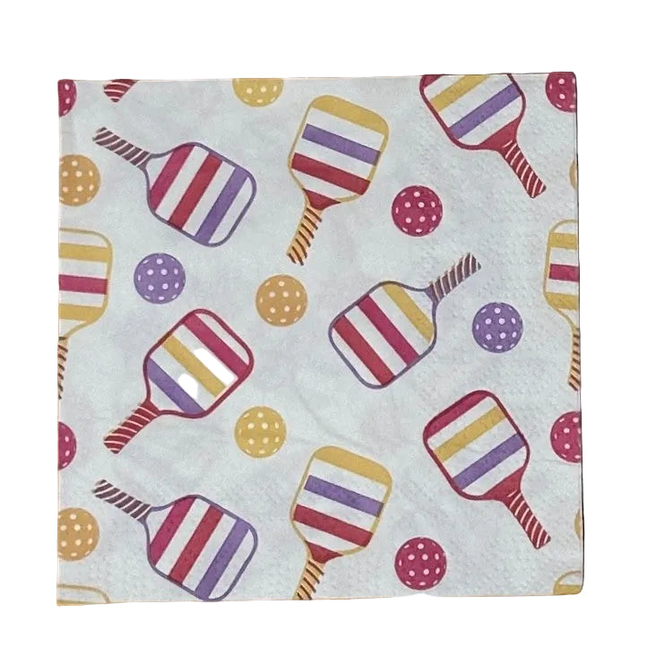 paper napkin with colorful pickleball paddles and balls