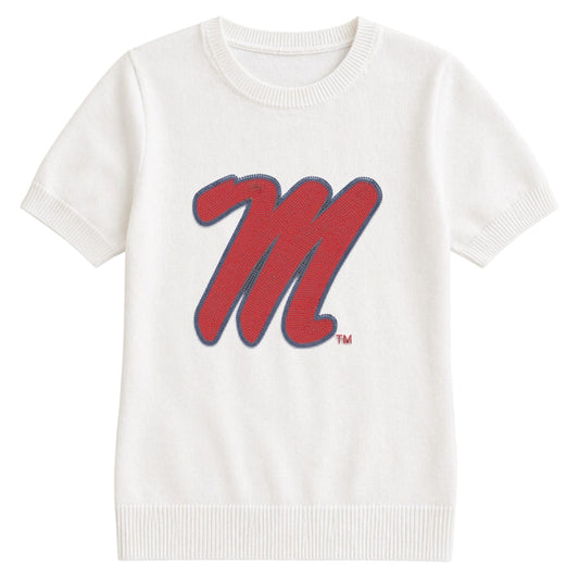 University of Mississippi Script M Ivory Short Sleeve Sweater